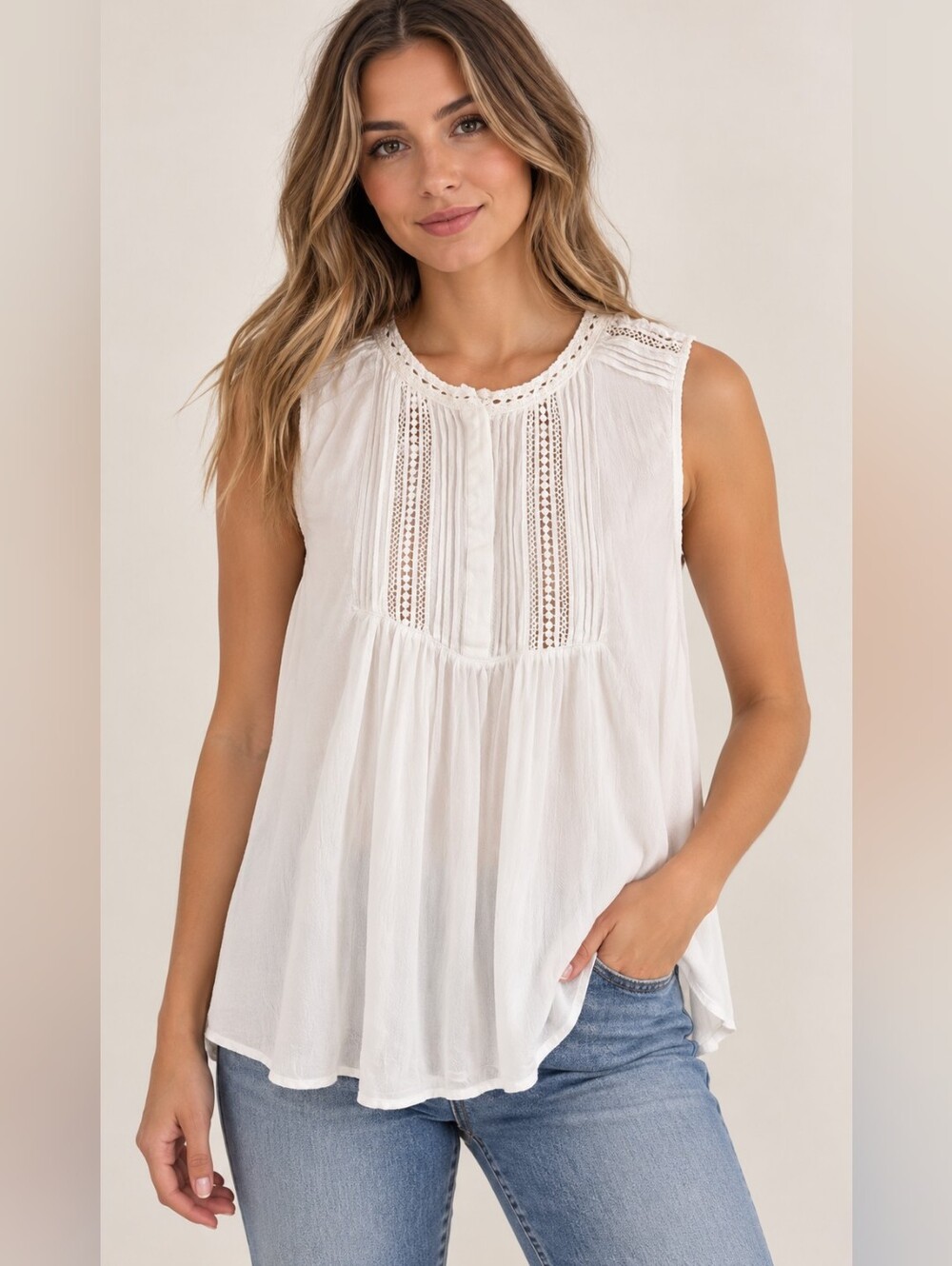 Gentle Fawn White Crochet Pintuck Sleeveless Camisole